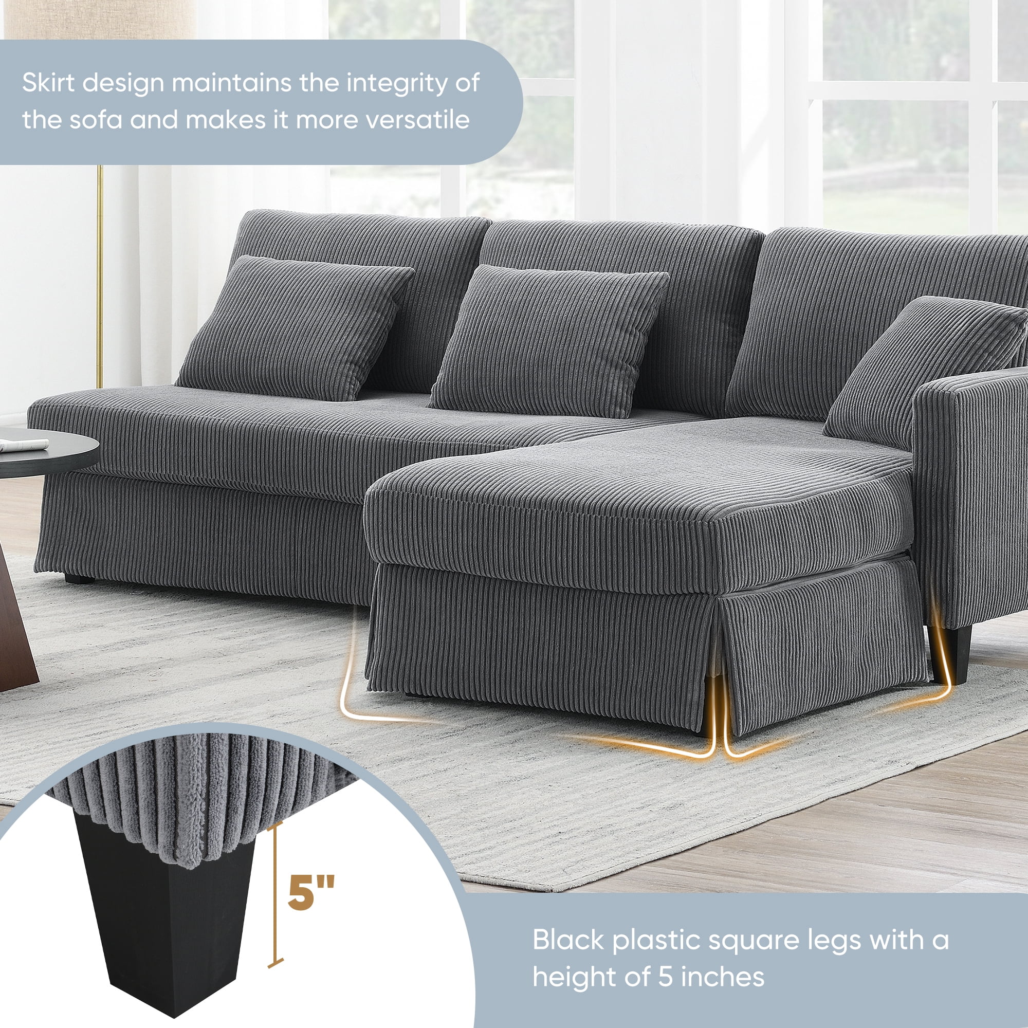 EUROCO 1300LBS 87" Modern L-shaped Sectional Sofa Couch, 4 Seat Corduroy Couch with Reversible Chaise and Pillows, Upholstered Convertible Sleeper Couch for Living Room, Apartment, Office, Gray