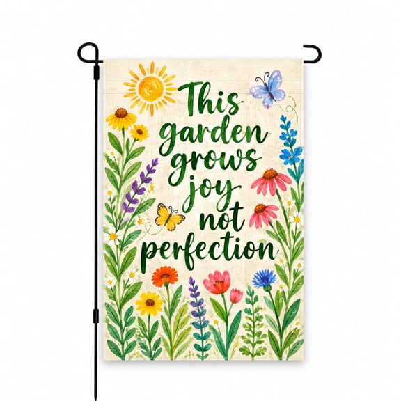Garden Flag 12 x 18 Inch Green Floral Wildflower Design with Butterflies and “This Garden Grows Joy Not Perfection” Quote for Yard Lawn Patio Porch Outdoor Decor