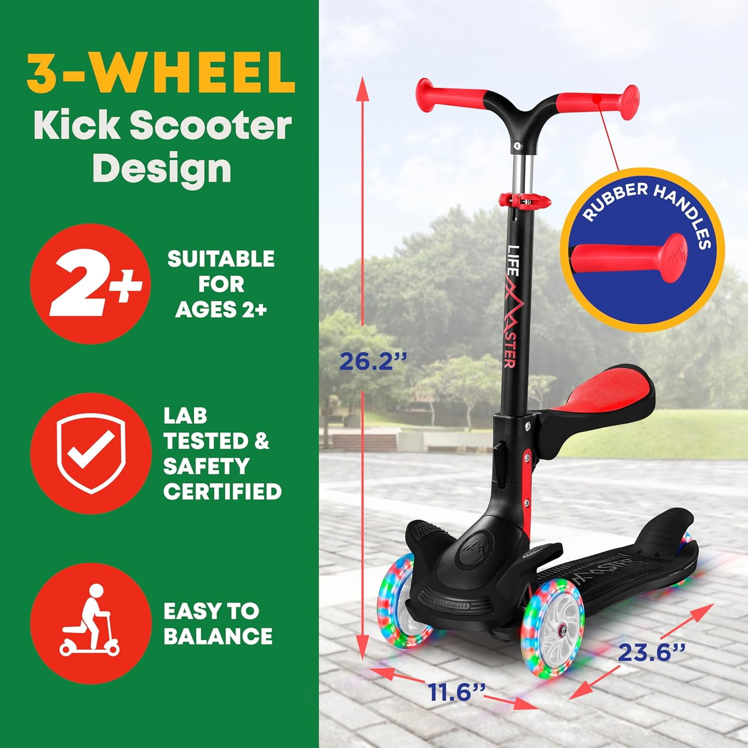 Kids Scooter – Foldable Seat – LED Wheel Lights Illuminate When Rolling – Children and Toddler 3 Wheel Kick Scooter – Adjustable Handlebar – Indoor and Outdoor- Black - by Lifemaster