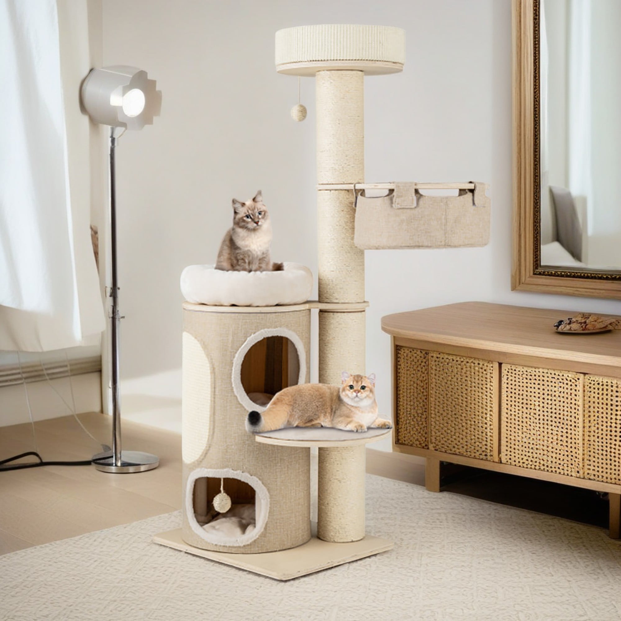 resenkos 61" Cat Tree Tower for Indoor Cats, Multi-Level Cat Tree House for Big Cats with 2 Storey Cat Condo, Cat Climbing Tower, Beige