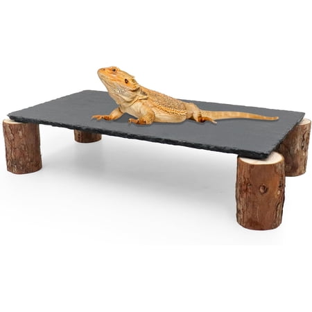 Bearded Dragon Basking Platform, Slate Rocks for Reptiles with Wooden Pile, Leopard Gecko Hides and Caves, Reptile Tank Accessories for Bearded Dragons, Geckos, Ball Pythons, Tortoise (Black, Large)