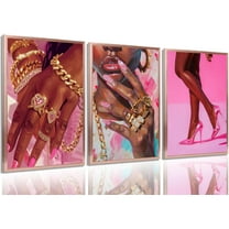 3Pcs Pink Fashion Black Girl Canvas Wall Art African American Black Woman Wall Decor Pictures Gorgeous Black Girl Posters Prints for Living Room Bedroom Artwork Home Decoration Unframed