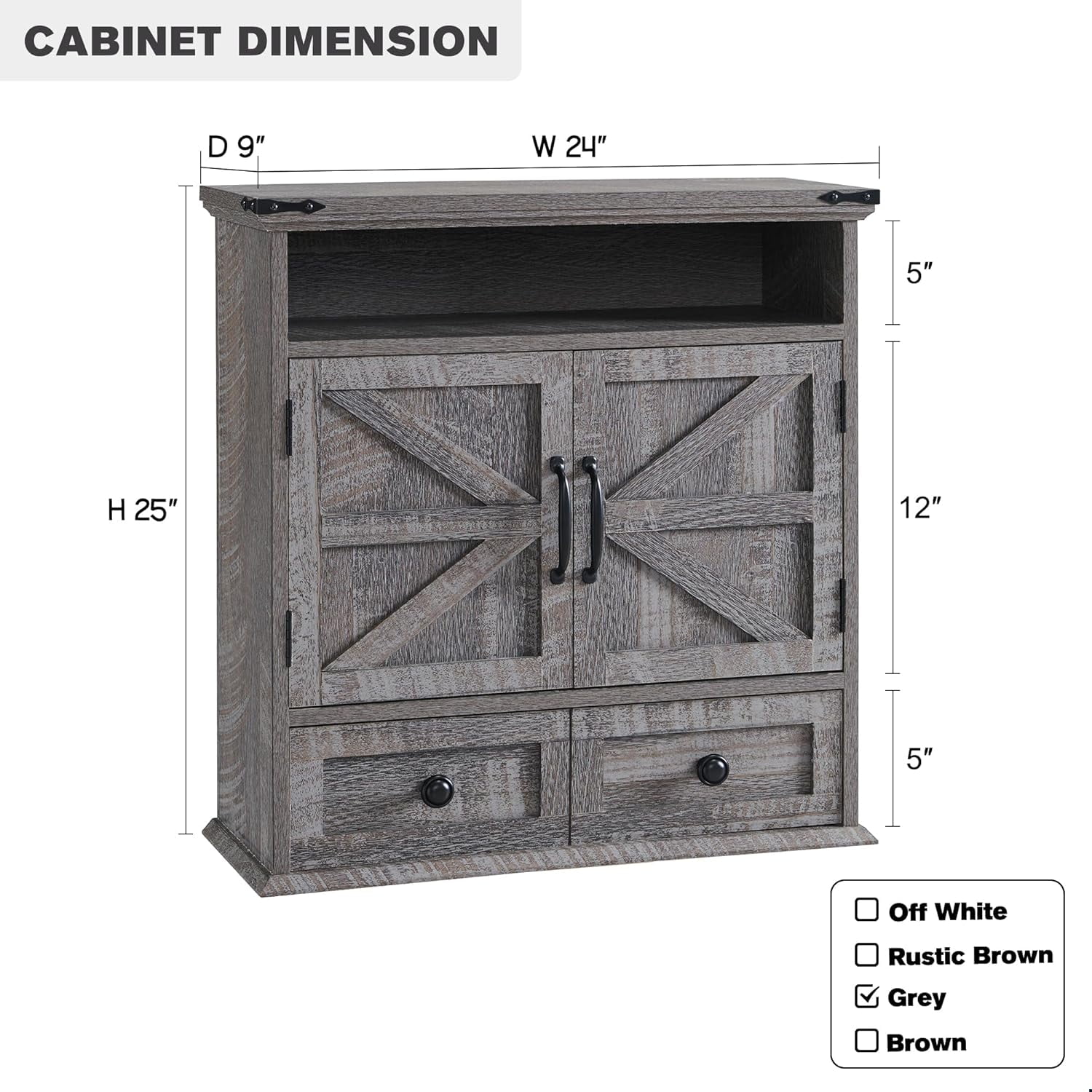 Garvee Bathroom Wall Cabinet, Farmhouse Medicine Cabinet, 24" Wide Cabinet with Drawer, Adjustable Shelf, Double Barn Doors, Storage Cabinet for Bathroom, Kitchen, Living Room Gray