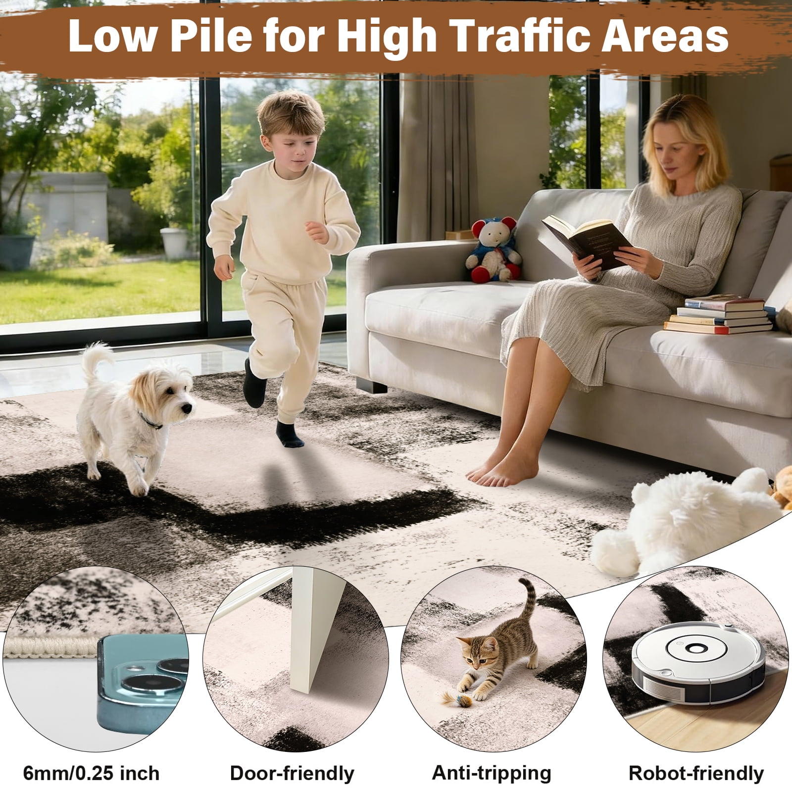 Bleum Cade 5x7 Abstract Area Rugs for Living Room, Modern Washable Rugs Non Slip Dining Room Rug, Soft Low Pile Bedroom Rug, Stain Resistant Indoor Rugs Carpet,Brown