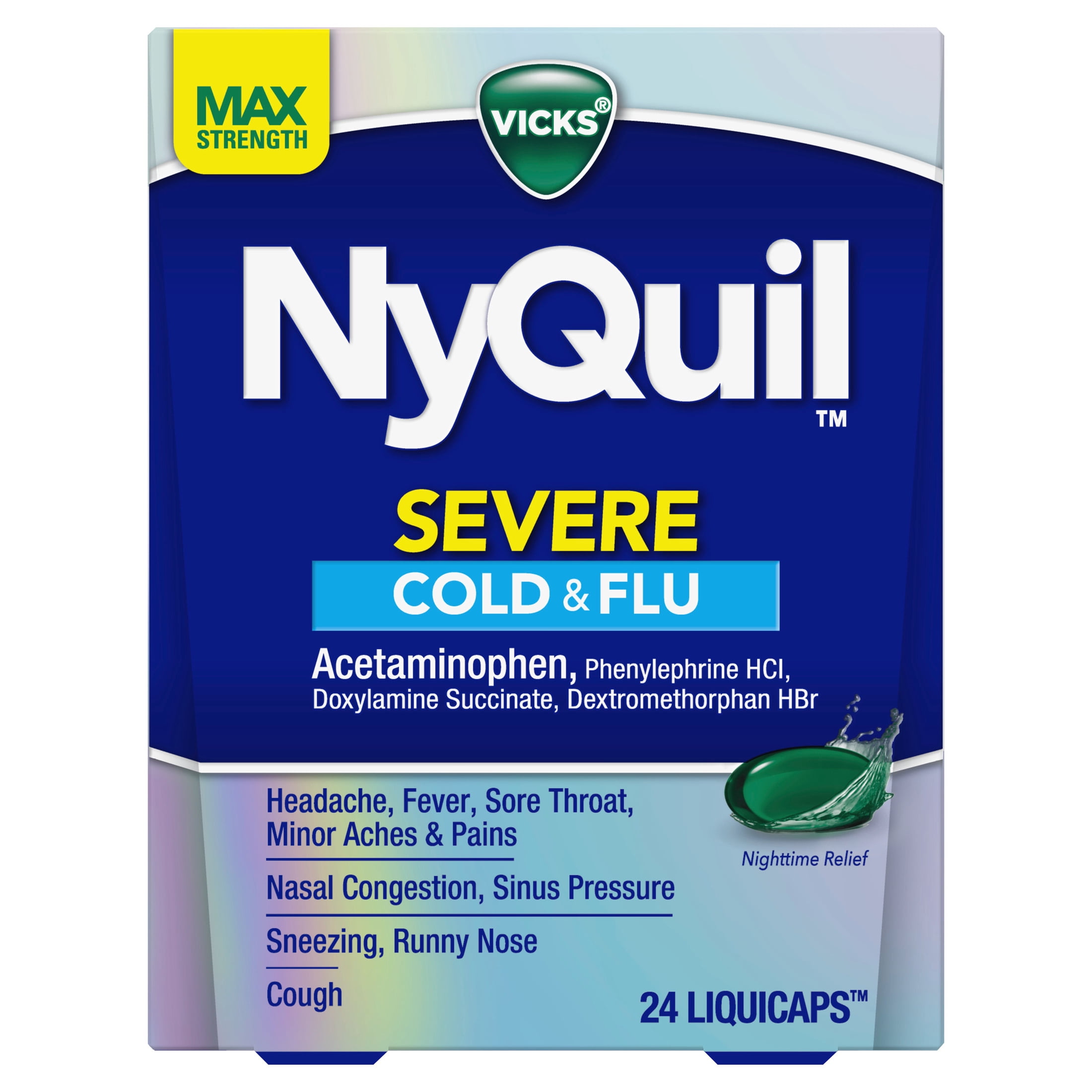 Vicks NyQuil Severe Cold & Flu Liquicaps, Nighttime Cold & Flu Medicine for Adults, 24 Count