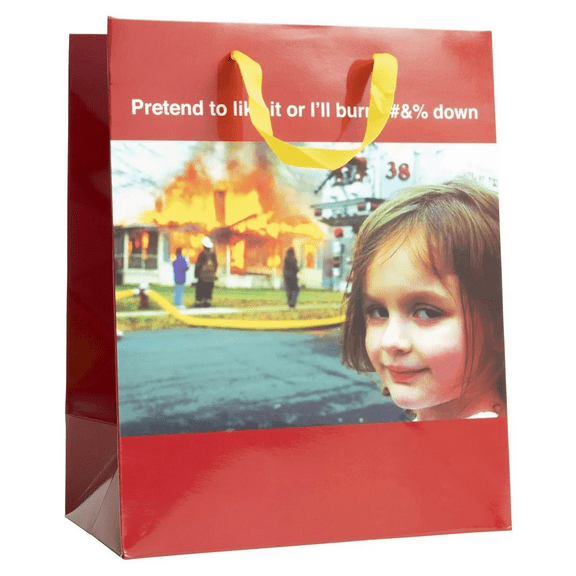 13 in x 10.5 in Disaster Girl Gift Bag, Funny Meme Design, Sturdy Yellow Handles, Perfect for Birthdays, Holidays, Any Occasion, Needs Humor, Fun Gifts, Vibrant Red