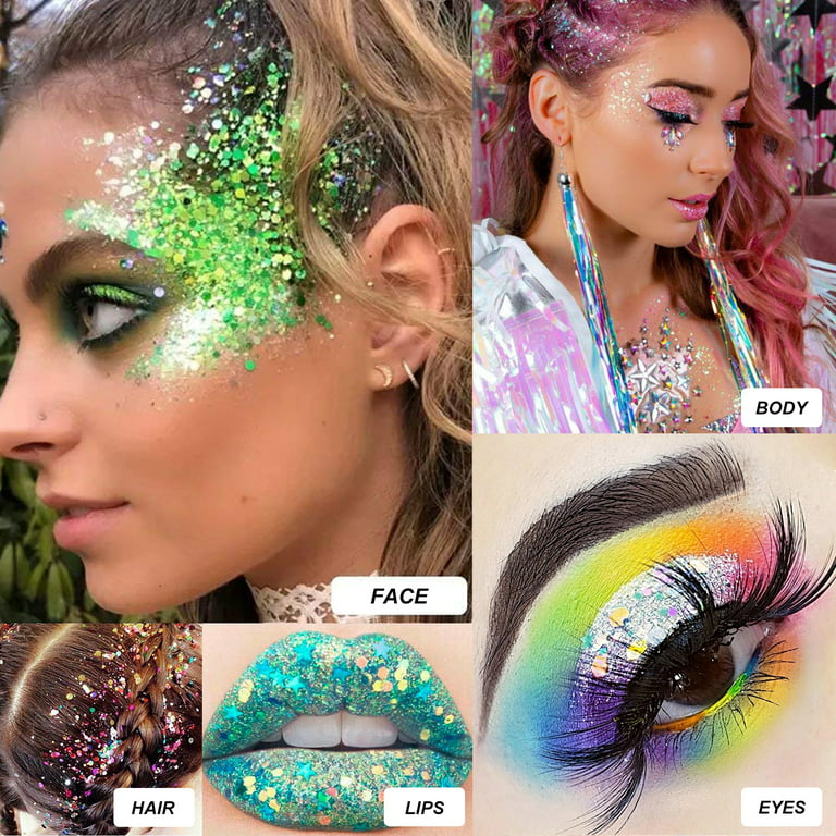 Holographic Chunky Glitter Set of 12, Nail Art Glitter Sequins, Iridescent  Glitter Flakes for Eye, Body, Face, Hair, Cosmetic Glitter for Festival
