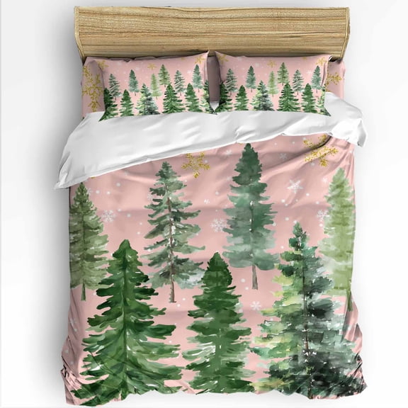 Christmas Tree King Size Comforter Set, Winter Xmas Pine Tree Forest Snowflakes Pink Soft Bedding for All Seasons, 4 Pcs Bed Set with 1Comforter (90"x106") ,1 Sheet(94"x116"), 2 Pillowcases (19"x35")