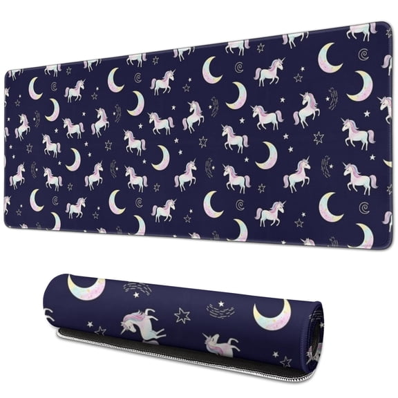 Long Mouse Pads for Desk,Dark Blue Cartoon Unicorn Moon Star Desk Mats on Top Of Desks, Desk Mouse Pad Extra Large with 3mm Non-Slip Base and Stitched Edge for Gaming,Work,Home 31.5"x11.8"