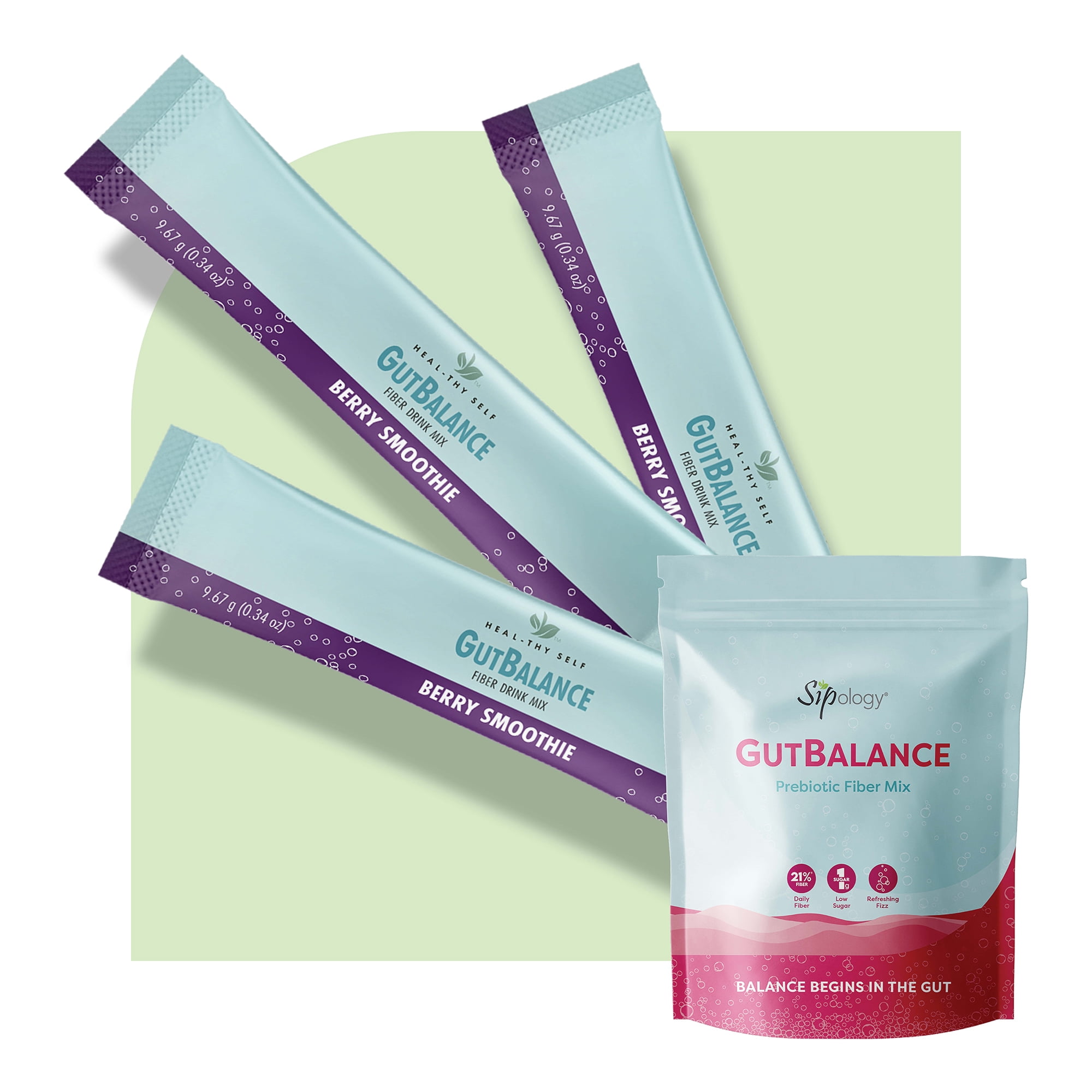 Sipology: GutBalance - Berry Smoothie - 12 Stick Pack - Prebiotic Fiber Mix, Powder Drink, Promote Digestive Health, Organic Stevia, Plant Based-Vegan