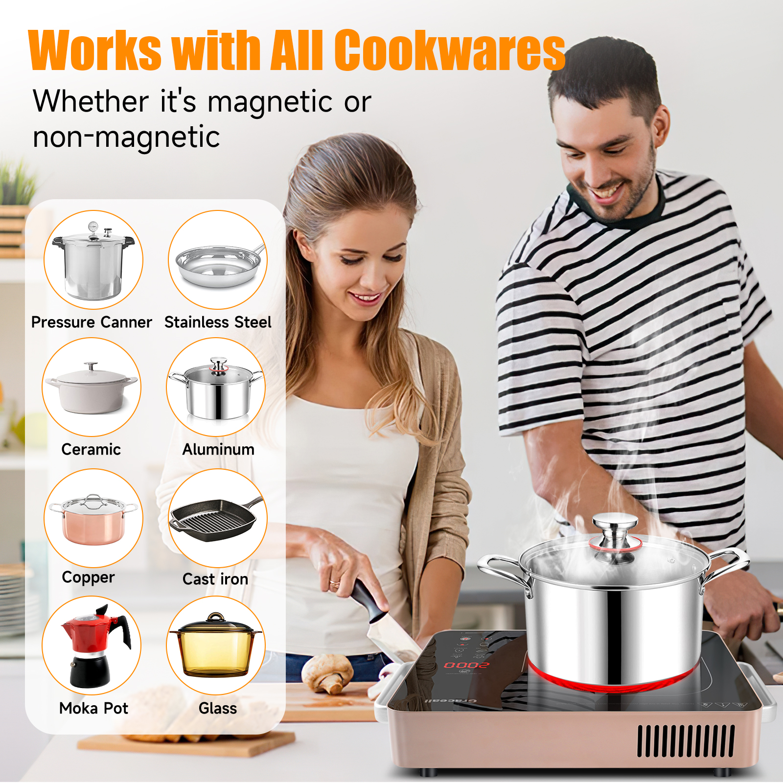 GRACEALL 2000W Single Burner Cooktop Portable Electric Stove, Infrared Hot Plate for Cooking, 120V Kitchen Cooker, Knob Control Glass Cook Top with BBQ Grill