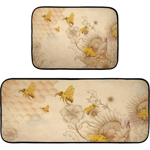 Retro Honey Bees Wildflowers Kitchen Mat Set of 2 Anti-Fatigue Kitchen Rug Set Non Slip Foam Cushioned Kitchen Runner Rugs and Mats Comfort Standing Mat for Farmhouse Doormat Laundry