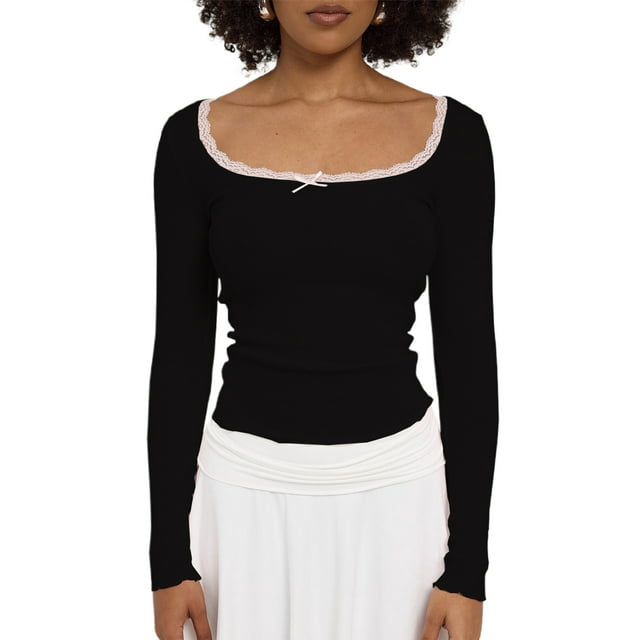 Gupgi Women Long Sleeve Crop Top Lace Trim Top Spring Slim Fit Basic Tops