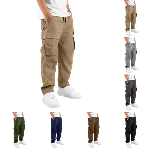 Boys Uniform Cargo Pants Baggy Chino Pants Joggers, Teen Back to School Trousers,Straight Leg Hiking Pants with Pockets,Elastic Waist Casual Sports Workwear for Kids 5-15 Years