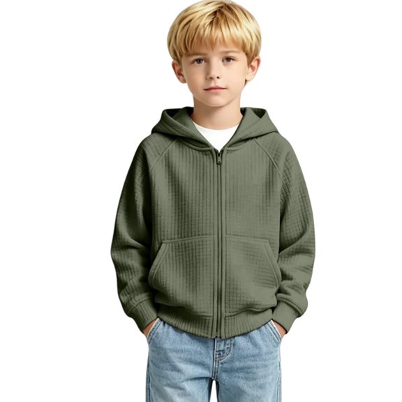 SJLDQY Boys Zip Up Hoodies Casual Long Sleeve Hooded Sweatshirts with Pocket Fall Winter Outfits Solid Color Fleece Waffle Hoodies for Boys