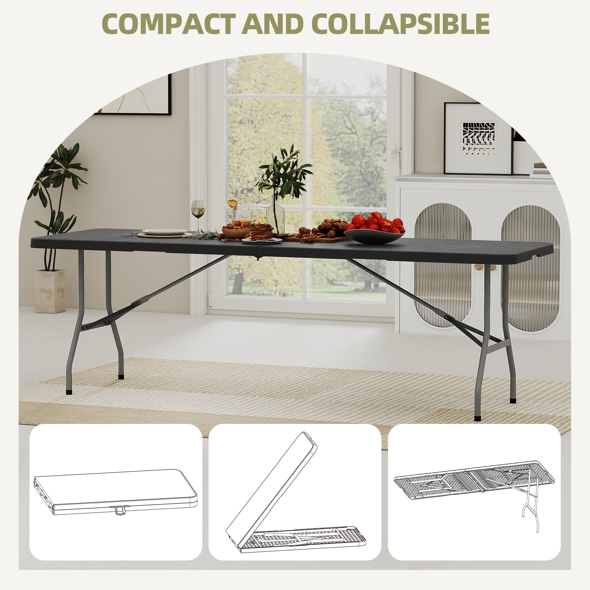 Uforic 8ft Folding Table, Heavy Duty Half-Fold Plastic Table with Carry Handle, Portable Foldable Table for Camping, Picnic, Party, Indoor and Outdoor Events, Black