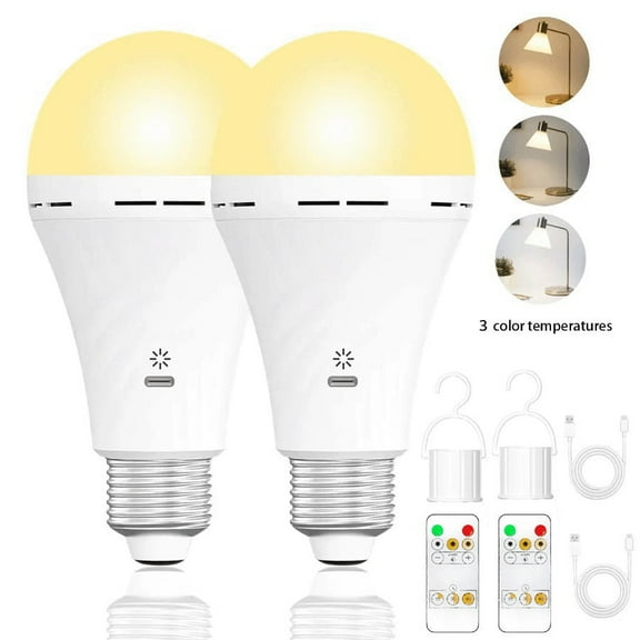 2PC USB-C Rechargeable Emergency Bulb with E27 Socket, Tri-Color Temperature (3000K-6000K), Remote Control, for living room, bedroom