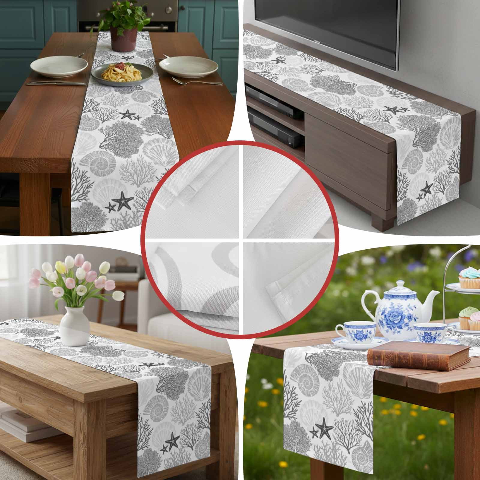 Classic Sea Grey Coral Table Runner 90 Inches Long, Abstract Marine Life Scenery Table Runners Tabletop Scarf Kitchen Dining Tables Decoration for Home Party Indoor Outdoor