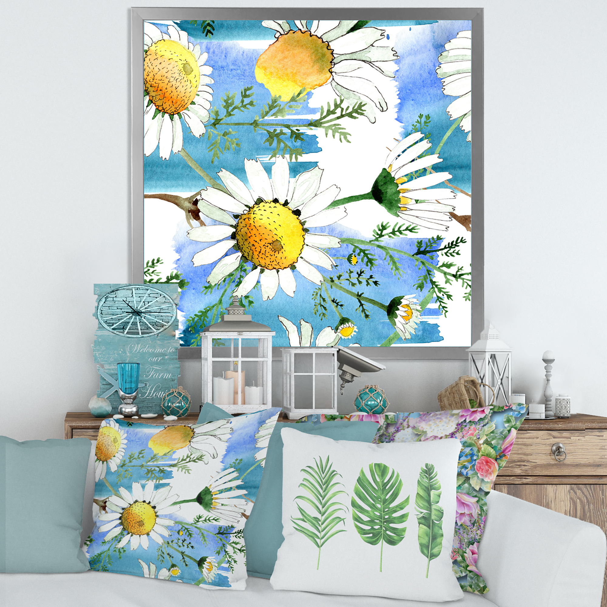 Wild Spring White Chamomile Flowers 16 in x 16 in Framed Painting Canvas Art Print, by Designart