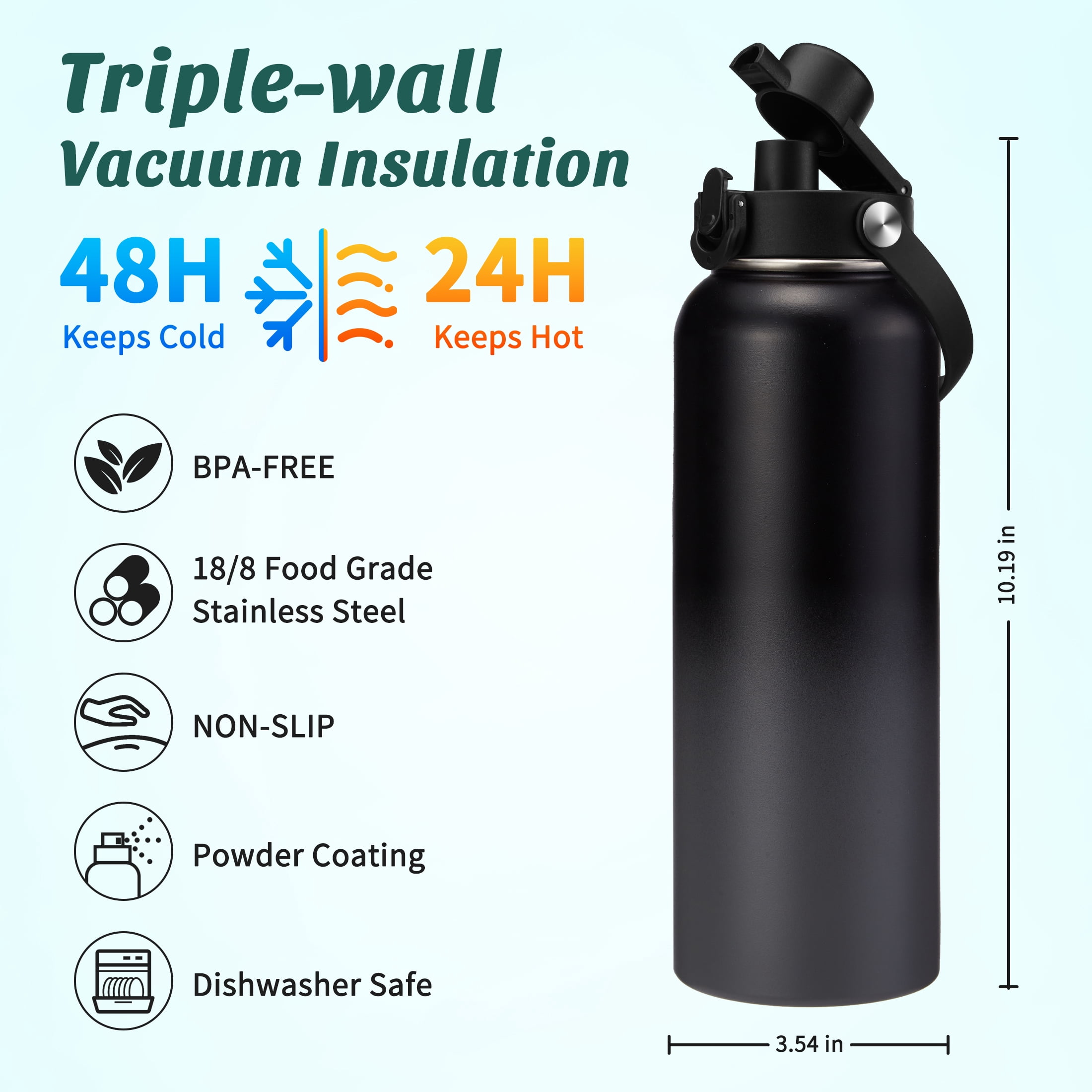 Stainless Steel Water Bottle 40OZ - with Straw & Spout Lids, Protective Boot, Vacuum Insulated Water Flask, Leak Proof Metal Water Bottle for Sports Gym Workout Travel Hiking