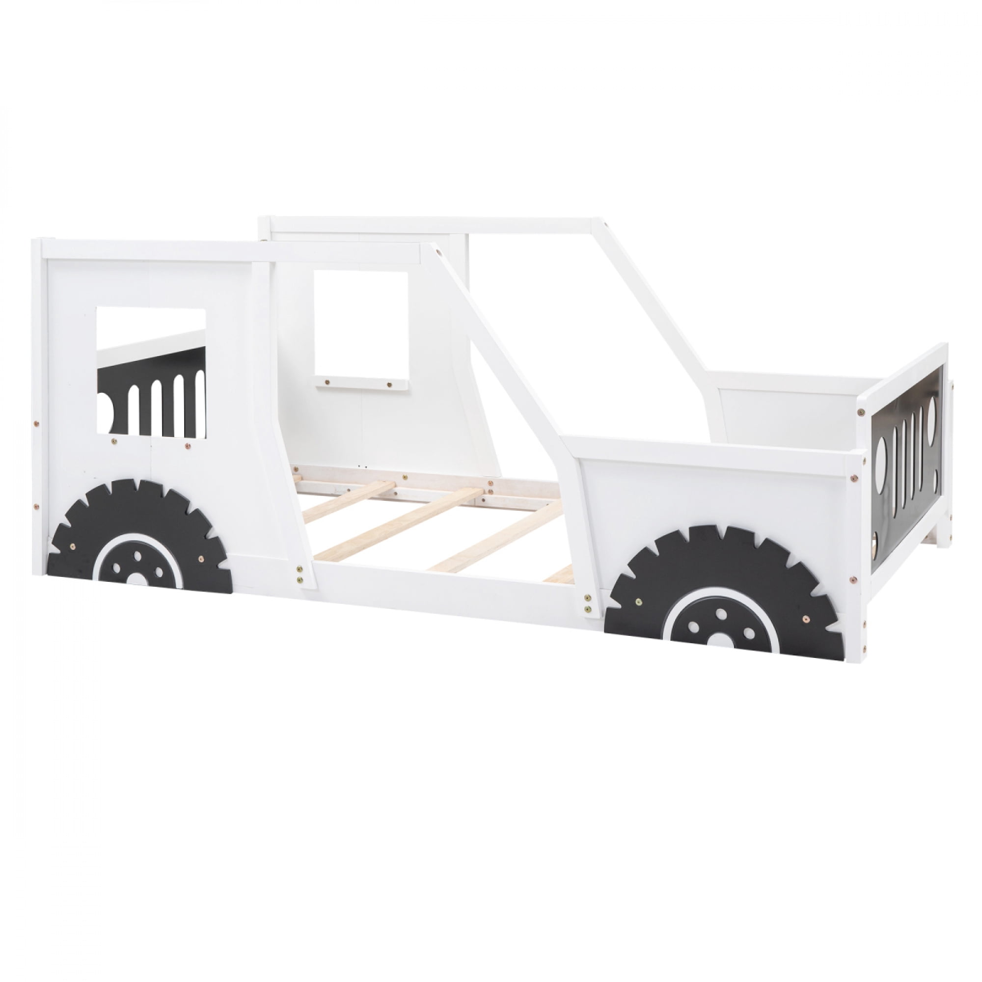 Twin Size Classic Car-Shaped Platform Bed with Wheels for Kids, Wooden Bed Frame for Bedroom, No Box Spring Needed,White