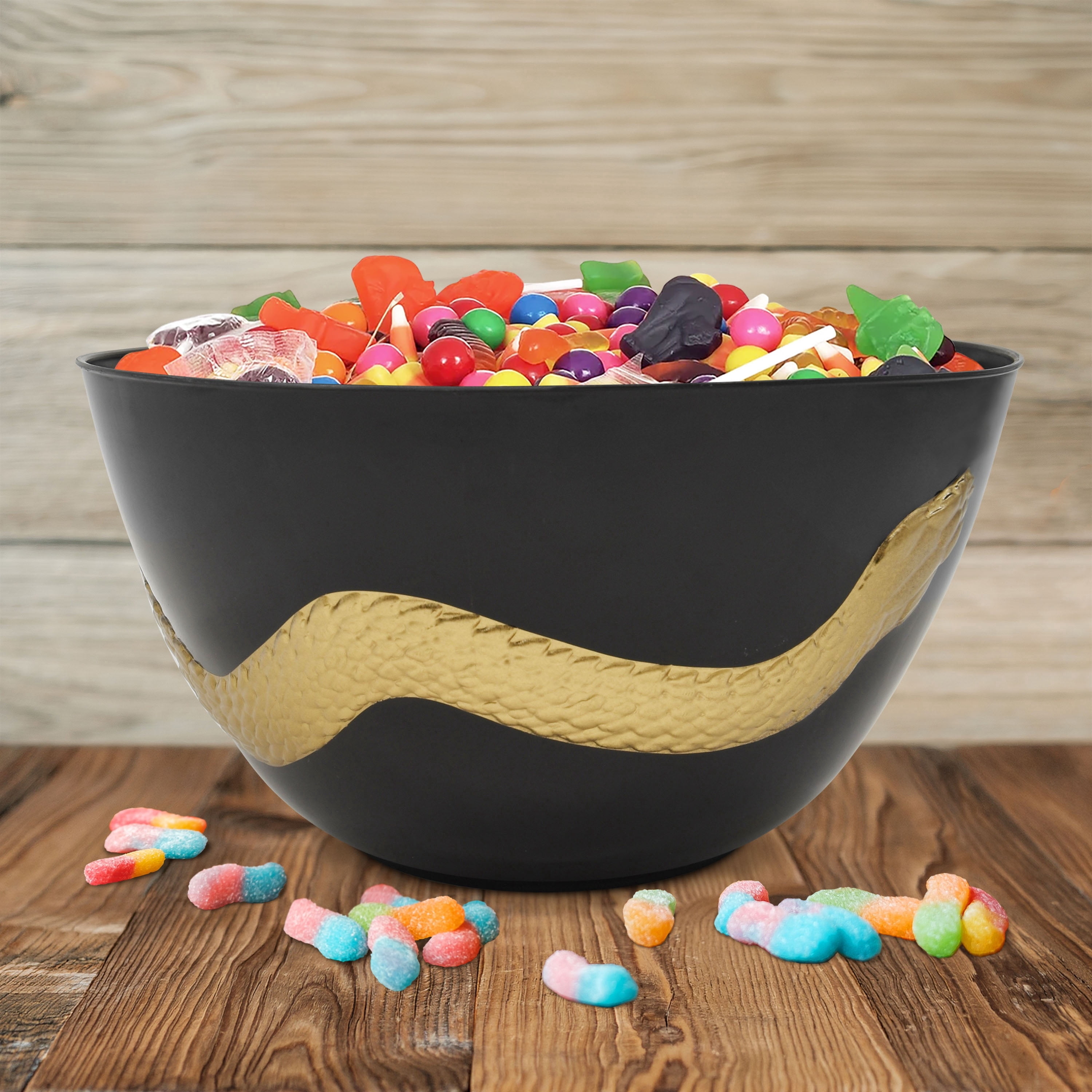Plastic Embossed Snake-Wrapped Serving Bowl, Black and Gold, 11.1", Halloween by Way To Celebrate