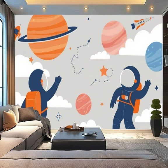 Peel and Stick Wallpaper Nursery Cartoon Space Planet Boy Astronaut Character Rocket Ship Modern Art Wall Mural Decor Self Adhesive and Removable 100in x 144in