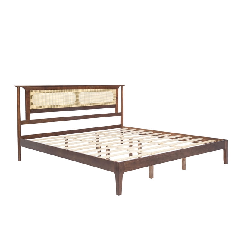 King Size Wooden Platform Bed with Rattan Headboard, Low-Profile Bed Frame with 8.6'' Under-Bed Storage