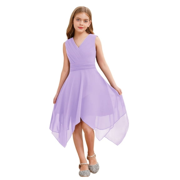 Linjinx Kids Flower Girls Chiffon V Back Wedding Bridesmaid Dress Asymmetric Hem Pleated Waist Lavender 14