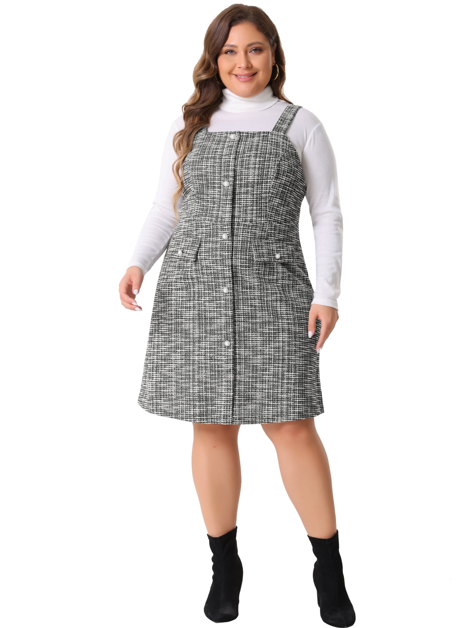DARING DIVA Plus Size High Waist Tweed Single Breasted Overall Dress 4X Black