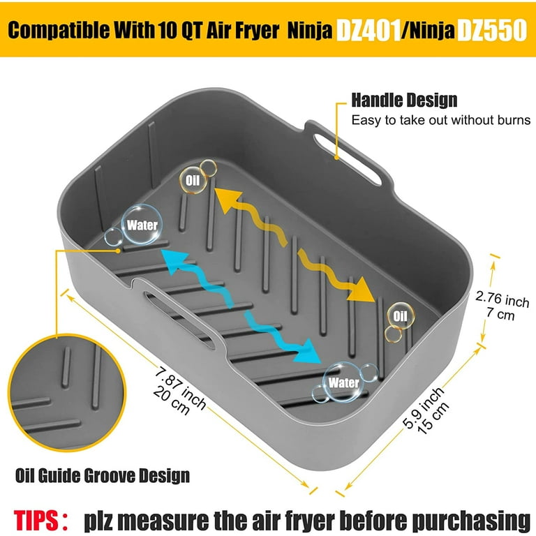 10QT Air Fryer Silicone Liners for Ninja，2Pcs Rectangular Airfryer Silicone  Accessories Long Handle, Reusable Airfryer Pot Replacement Baking Tray