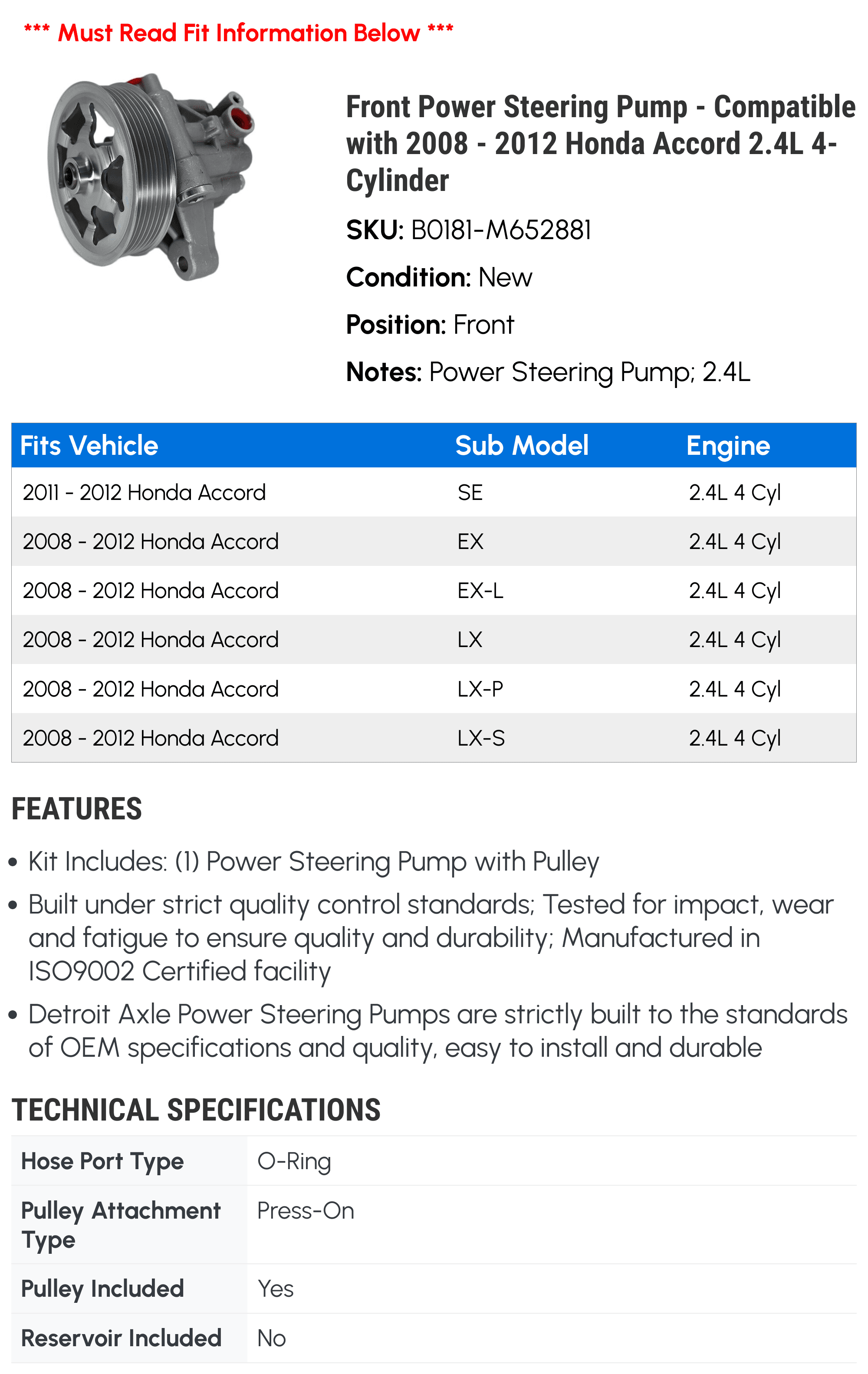 Front Power Steering Pump - Compatible with 2008 - 2012 Honda Accord 2.4L 4-Cylinder 2009 2010 2011