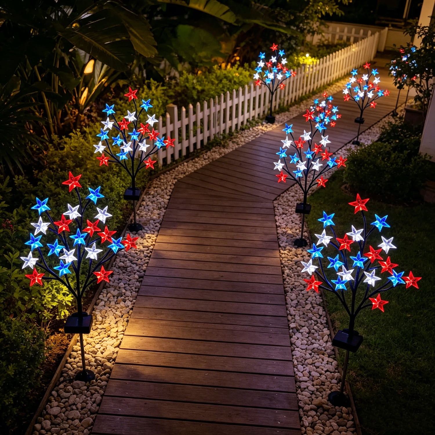 4 Pack 4th of July Decorations Solar Patriotic Star Lights, Solar Red White Blue Star Floral Pathway Lights, Waterproof Outdoor Patriotic Decorations Lights for Memorial Day Garden Yard