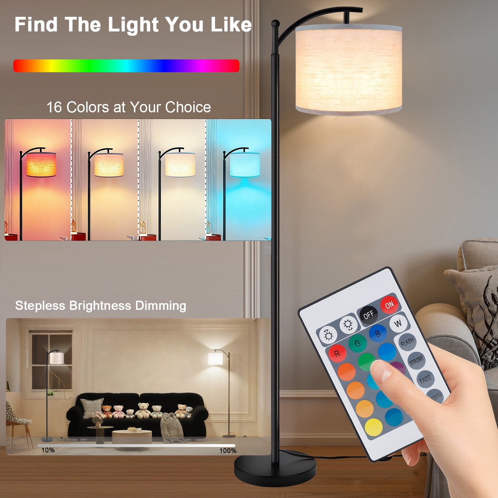 FOUKUS Arc Floor Lamp for Living Room: 16 Color LED Modern Tall Black Standing Lamp with Remote, Adjustable Reading Light for Bedroom Home Office Corner Decor