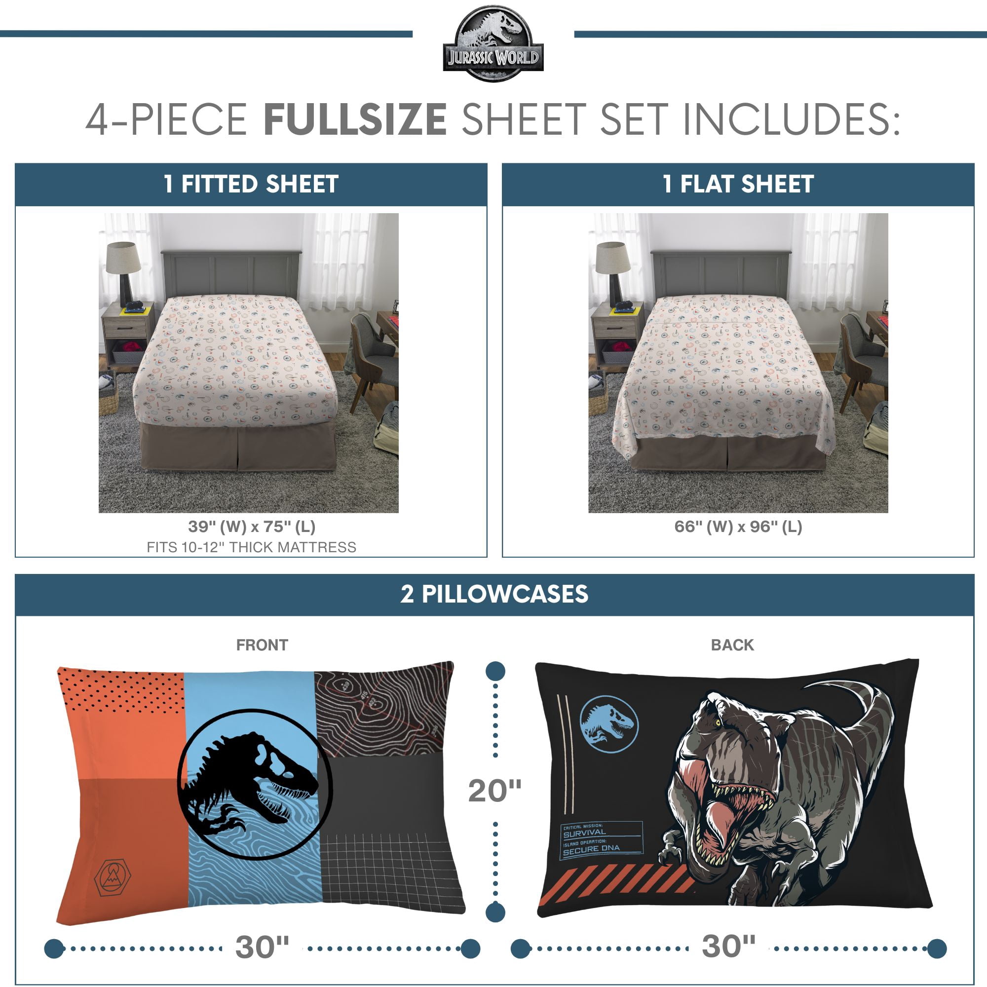 Jurassic World Kids 4 Piece Beige Dinosaur Print Sheet Set, Full