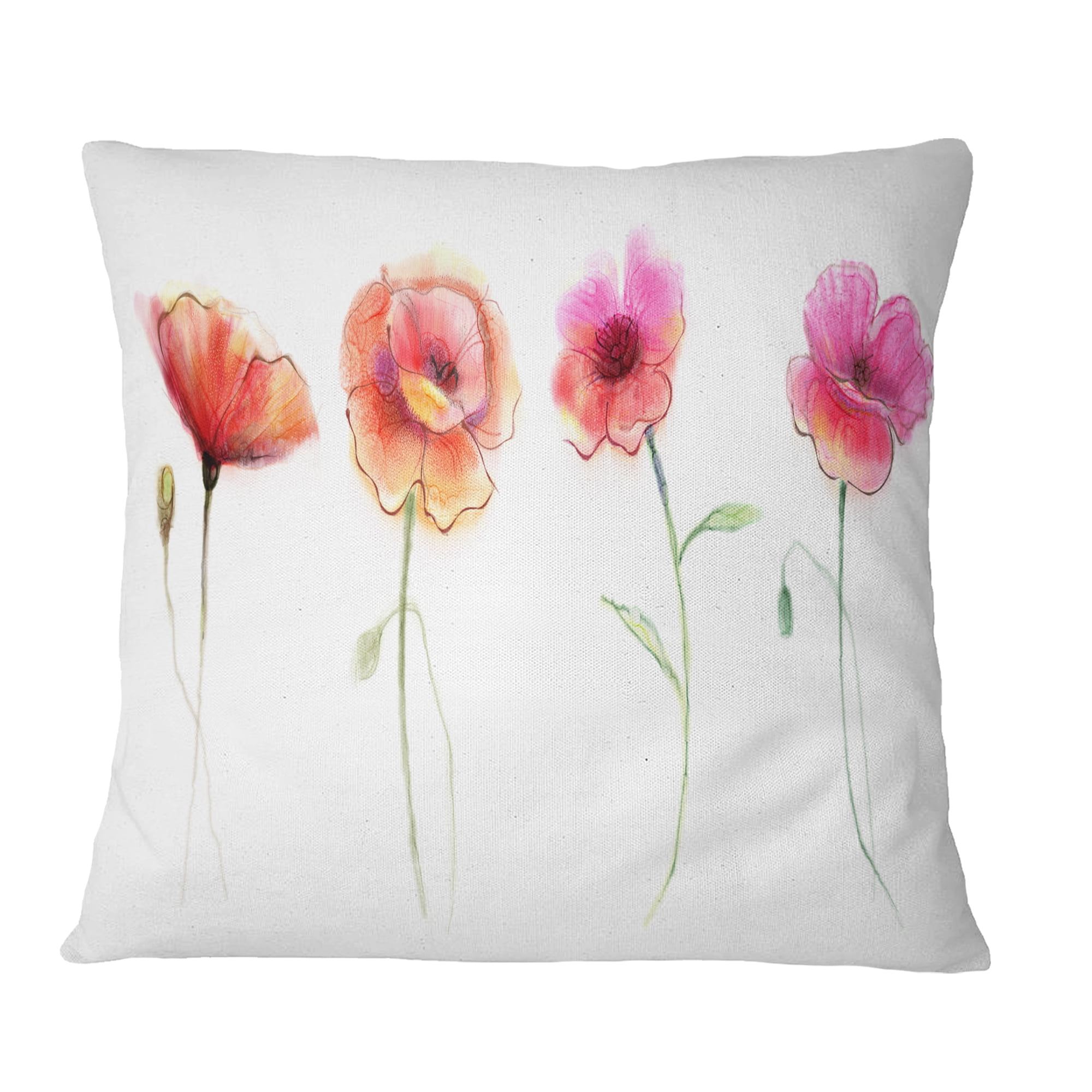 Designart Watercolor Poppy Flowers Sketch - Flower Throw Pillow - 16x16