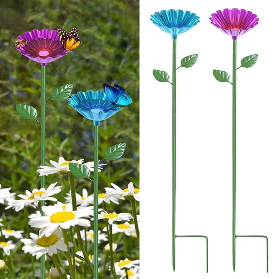 Uxcell 2-Pack Bee Watering Station, 64cm/25 Inch Iron Bee Bath for Garden Water Feeder, Colorful Butterfly Bath Bowl for Outdoor/Garden/Yard Decor [Blue/Rose Red]