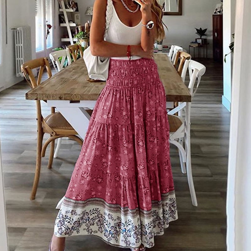 LUXUR Ladies Long Skirts High Waist Maxi Skirt Floral Print Loose