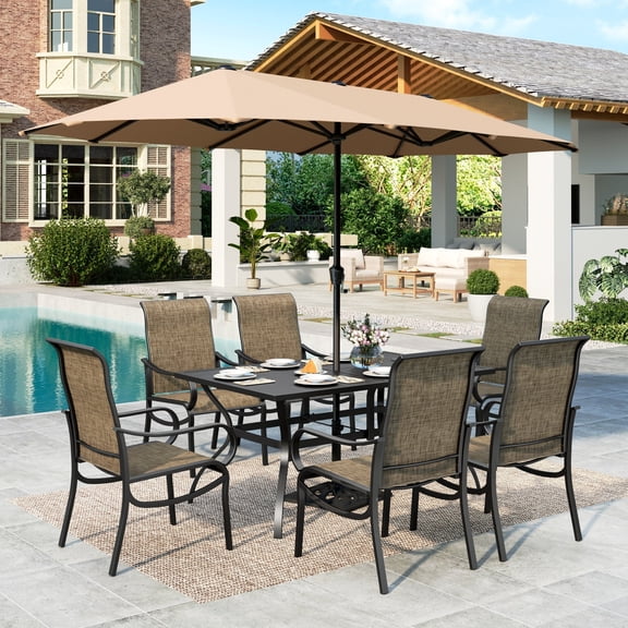 MF Studio 8-Piece Outdoor Patio Dining Set with 13ft Beige Umbrella, 60" Metal Patio Table and Textilene Chairs for 6 People, Black & Brown-gray