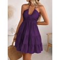 thumbnail image 4 of Womens Purple Sleeveless Ruched Halter Neck Ruffle Hem Mini Dress, 4 of 7