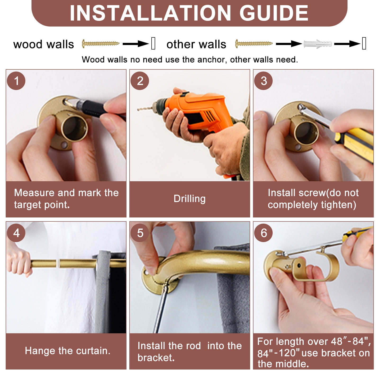 Meriville 1-Inch Diameter Wrap Around Blackout Curtain Rod, 28-Inch to 48-Inch, Royal Gold Finish with Round Base