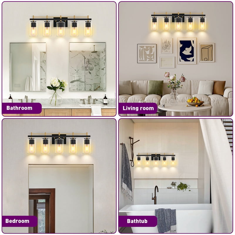 GCGAFUL Bathroom Vanity Light, 30.5 in. 5-Light Matte Black & Gold Modern Wall Sconce with Clear Glass Shade