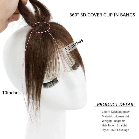 FGERFE-100% Real Human Hair Toppers with Bangs 360° 3D Coverage Clip in Bangs for Women Bangs Hair Clip with Fringe Hairpieces for Daily Wear Medium Brown