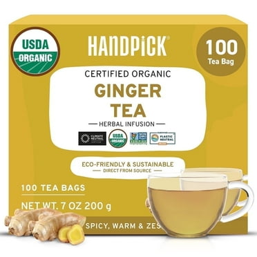 HANDPICK, Organic Ginger Herbal Tea Bags (100 Count) | Throat Tea, Digestion Tea | USDA Organic, Caffeine Free, Non-GMO, Gluten Free | Eco-Conscious Herbal Tea Bags