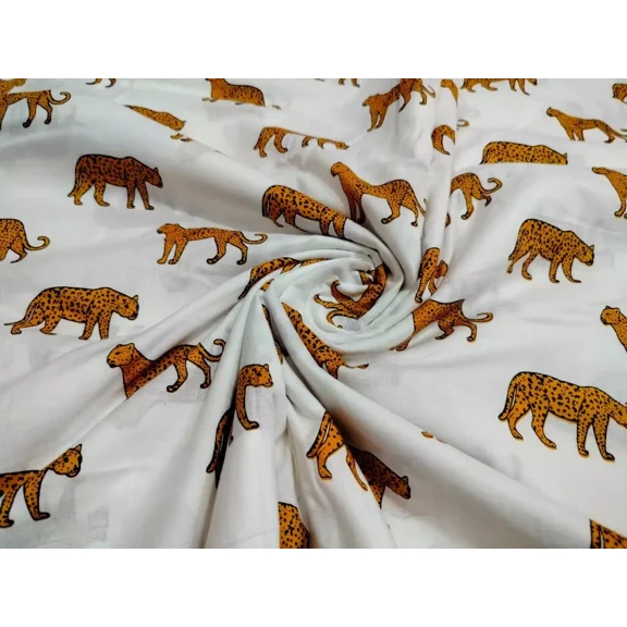 Indian Pure White Cotton Fabric Tiger Print Hand block Fabric By Yard Sewing Art