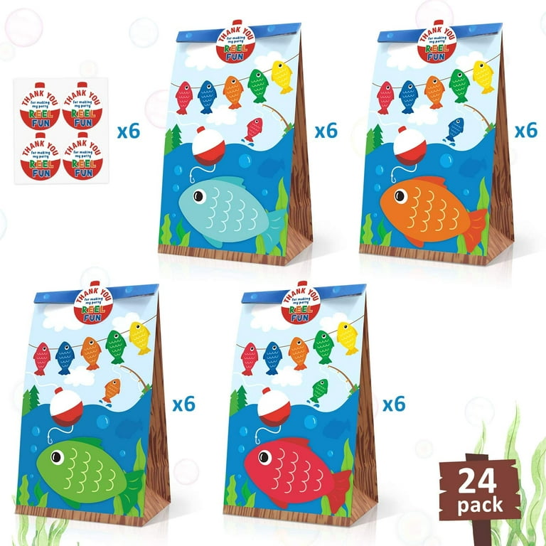 24 Pack Gone Fishing CI30 Goodie Candy Treat Bags The Big One  Fisherman Birthday Reel Fun Party Favor Ideas Supplies with Thank You  Stickers 
