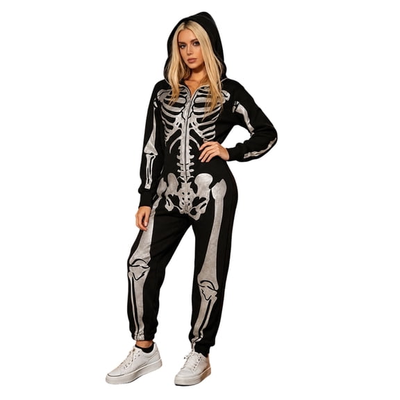 Women Skeleton Print Hooded Jumpsuit Spandex Halloween Cute Party Outfit Full Body
