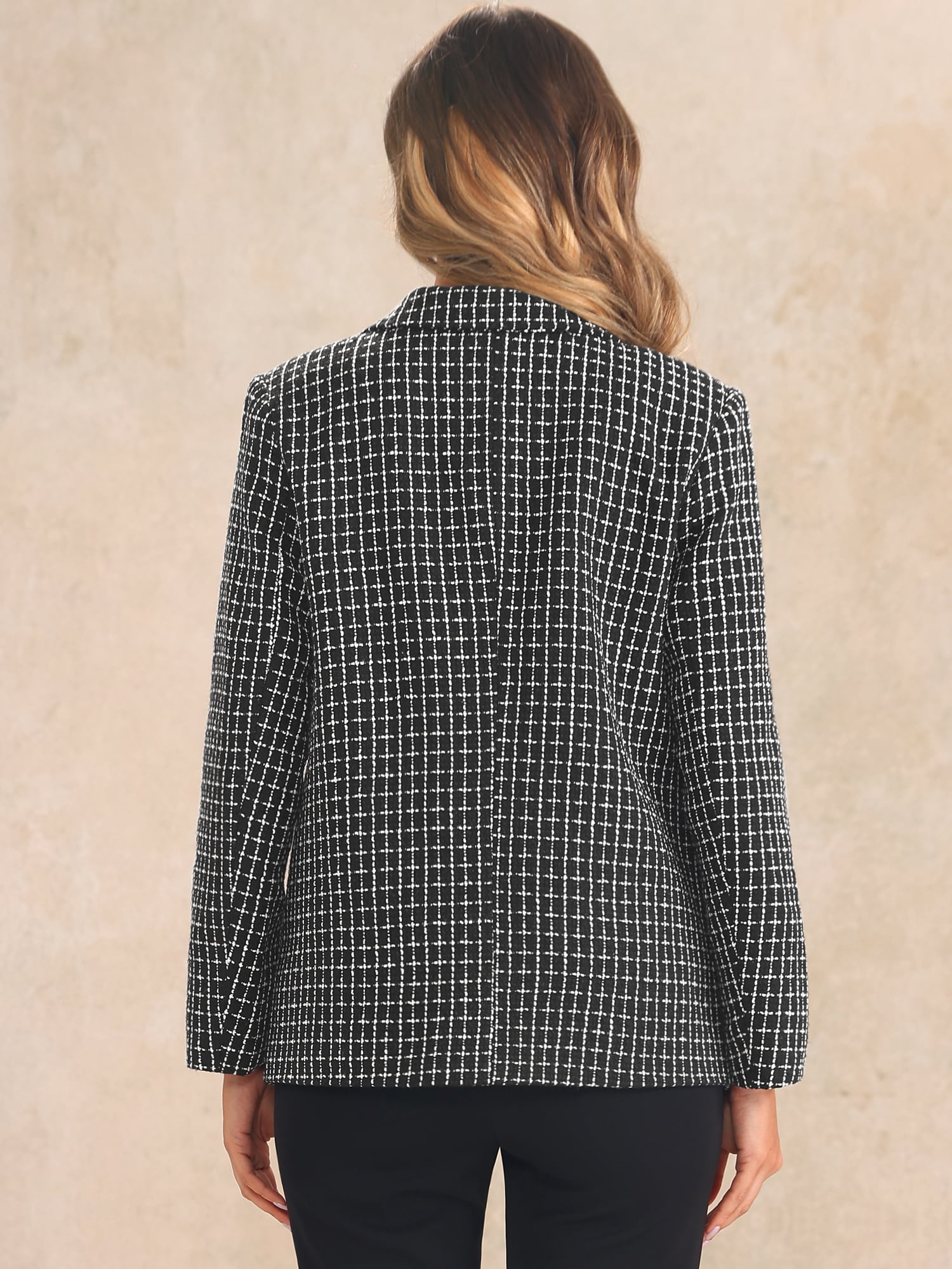 DARING DIVA Women's Casual Tweed Blazer Button Front Plaids Jacket Coat XL Black