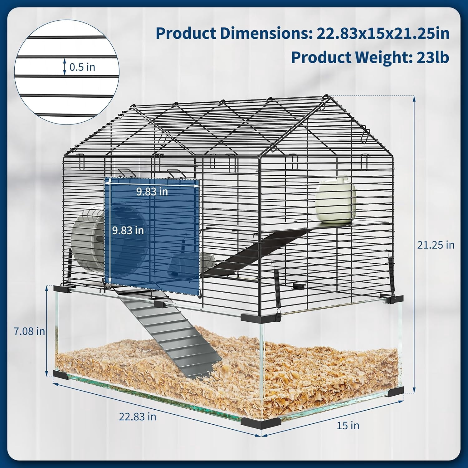 M optimized Large Hamster Cage, 3-Tier Gerbil Cages with Running Wheel, Water Bottle, Food Bowl, Ramps, Portable Hamster House with 7" Deep Glass Bottom for Syrian, Dwarf Hamster, Gerbils