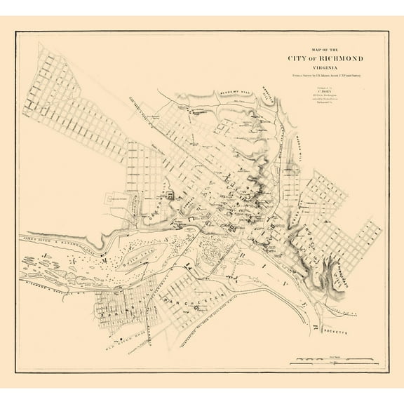 Historic City Map - Richmond Virginia - Adams 1864 - 24.94 x 23 - Vintage Wall Art